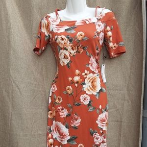 Orange with flower design off the shoulder short sleeve mid length dress size M